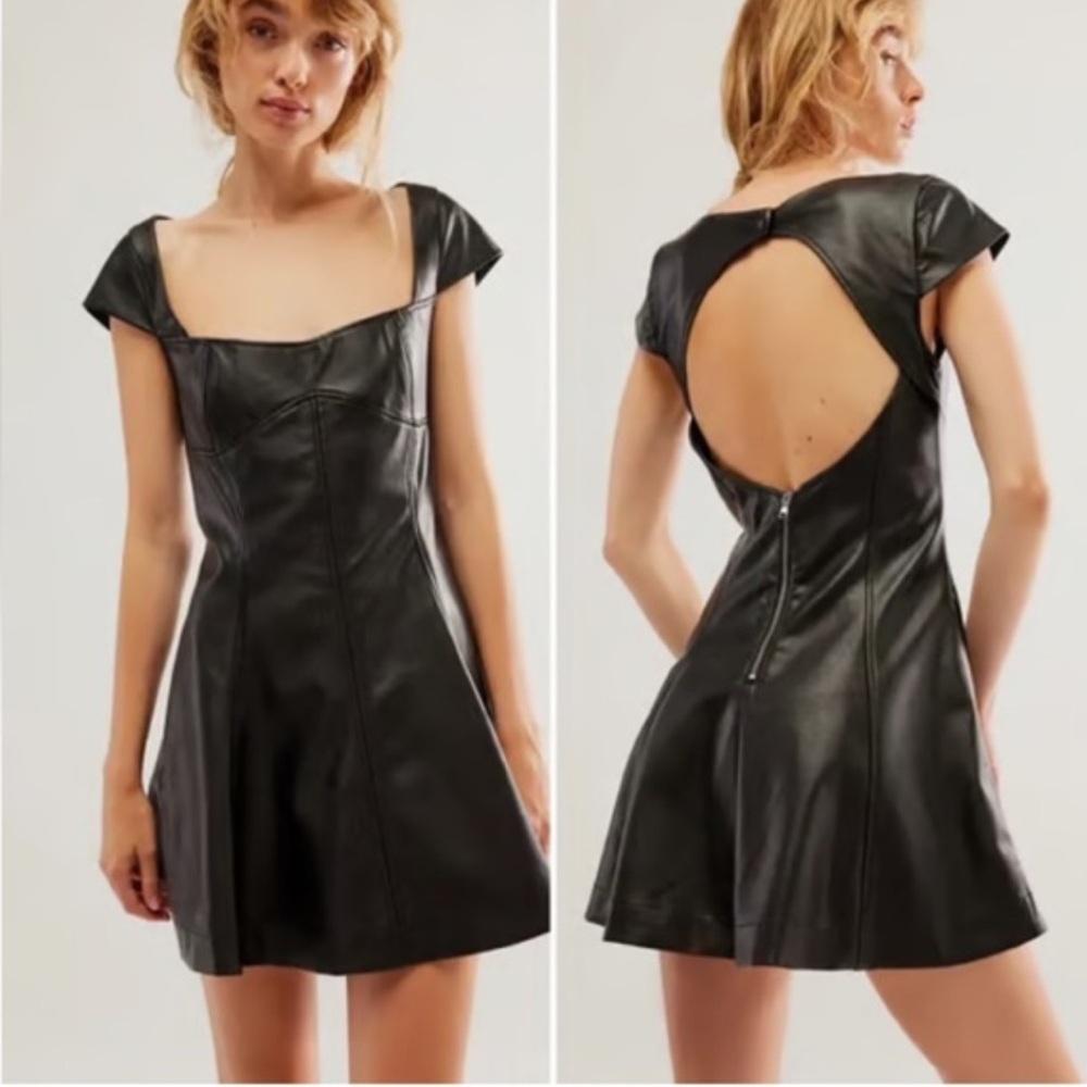 NEW NWT Free People Mimi Black‎ Vegan Leather Mini Dress Cap Sleeve Size 10